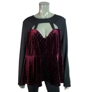 Rose Gal Womens Top Plus‎ Size 18 Velour Cut Out Stretch Long Sleeve Black